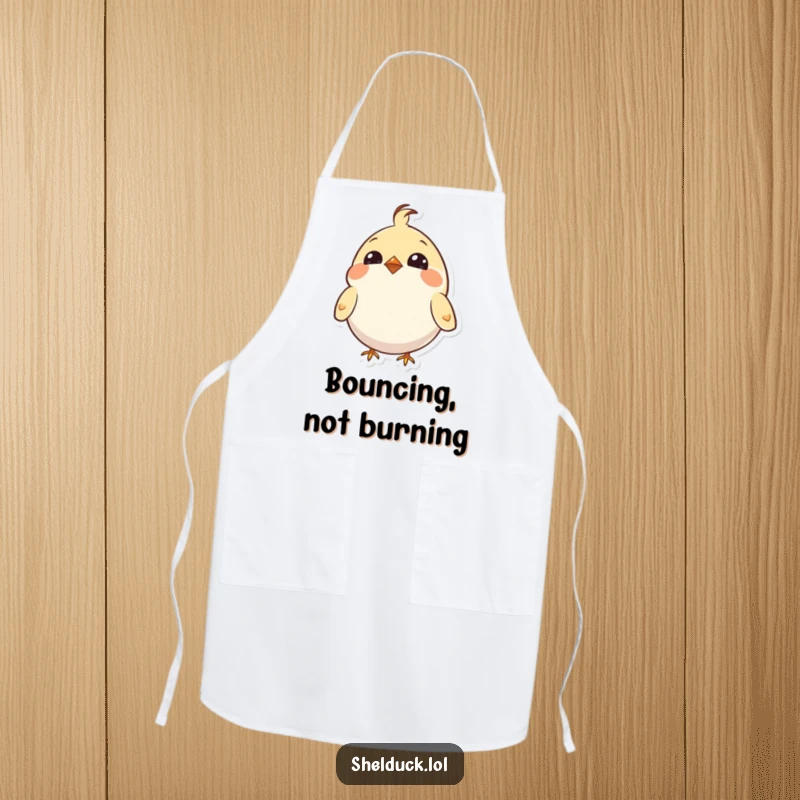 Funny apron featuring a small, round bird with bright eyes, enthusiastically bobbing its head, ready for kitchen fun.