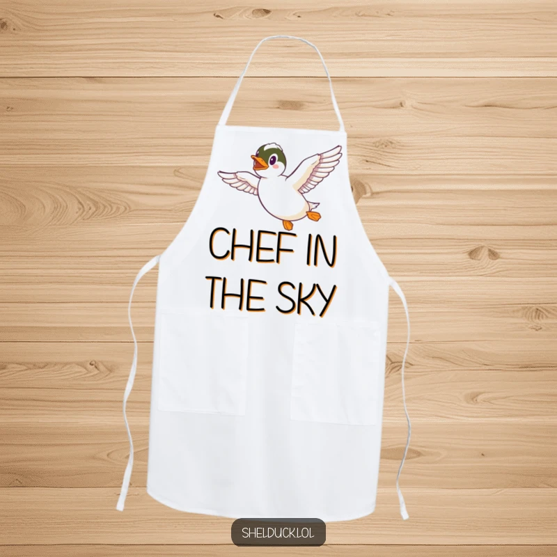 Funny Shelduck Apron featuring a shelduck joyfully flying, perfect for kitchen fun and adding a humorous touch to cooking tasks.