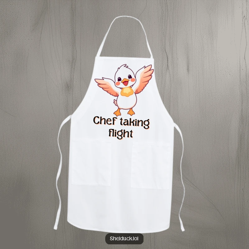 Funny shelduck apron showing a shelduck bird joyfully taking flight with wings spread wide, useful and humorous for the kitchen.