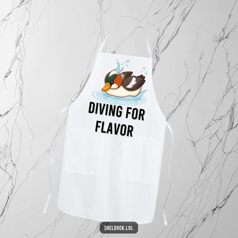 Funny Shelduck Apron: A humorous bird diving into water, bringing splashy fun to the kitchen, ideal funny gift for cooks.