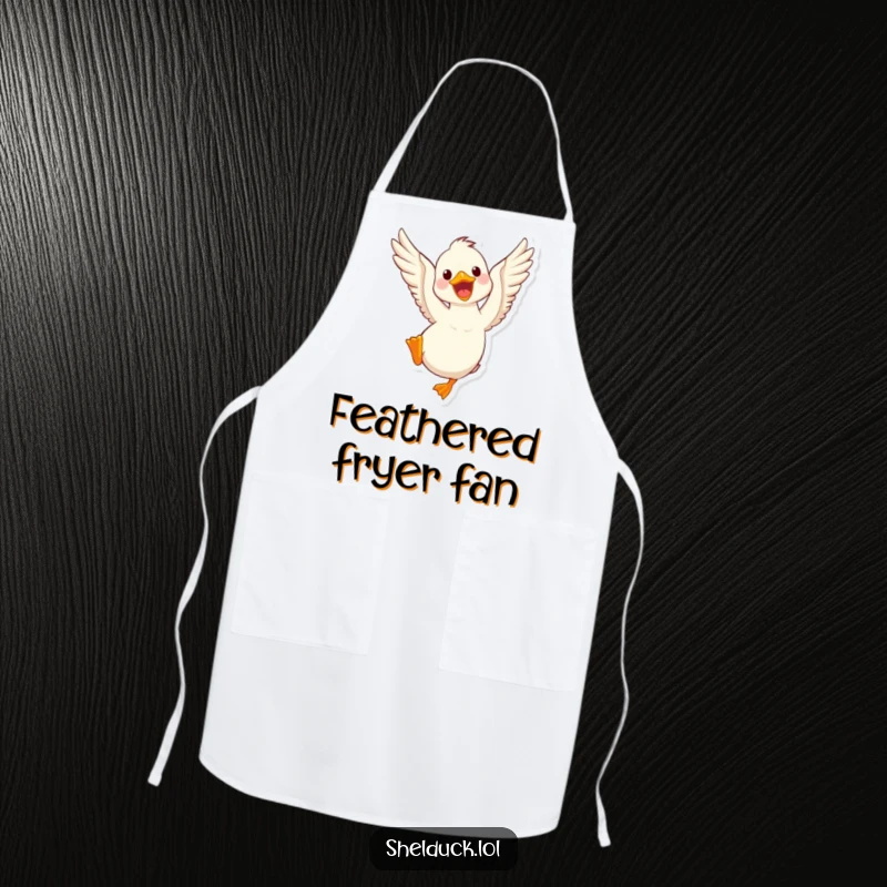 Funny shelduck apron showing a cute bird flapping its wings vigorously, a humorous and practical accessory for cooking or crafting