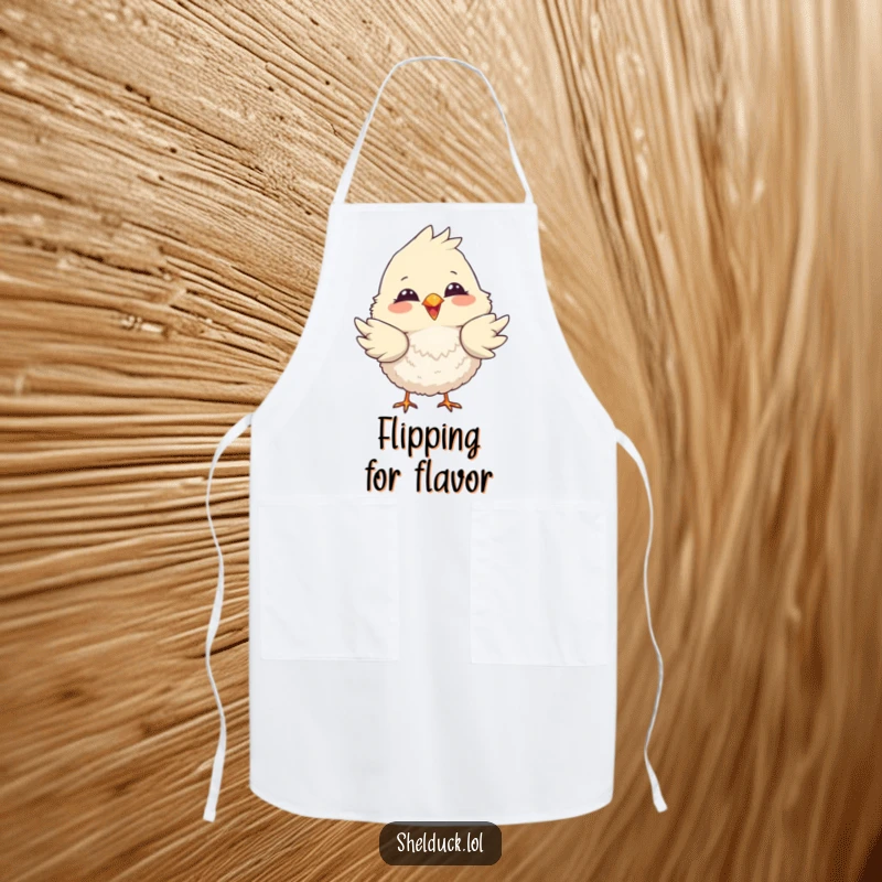 Funny apron featuring a fluffy bird with a big smile, playfully dipping its tail feathers, ready for kitchen fun.