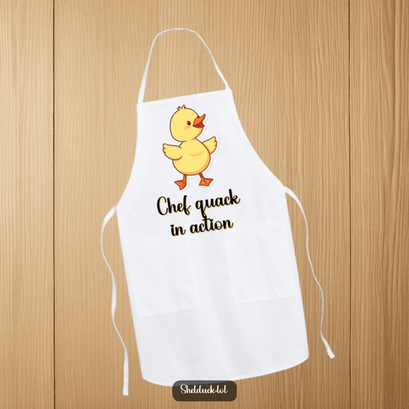 Funny duckling character with happy webbed feet waddling in a kitchen setting, printed on a durable apron.