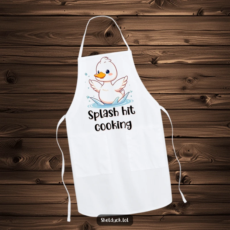 Funny shelduck apron, smiling bird playfully splashing water with its wings, practical and humorous kitchen accessory.