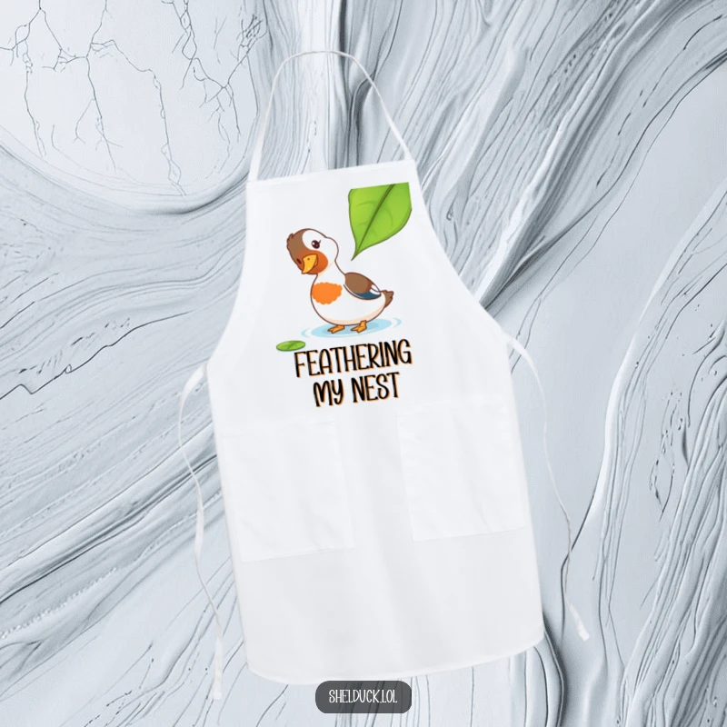 Funny Shelduck Apron: A shelduck curiously observing a leaf, printed on a funny apron for the home chef who enjoys a bit of whimsy.