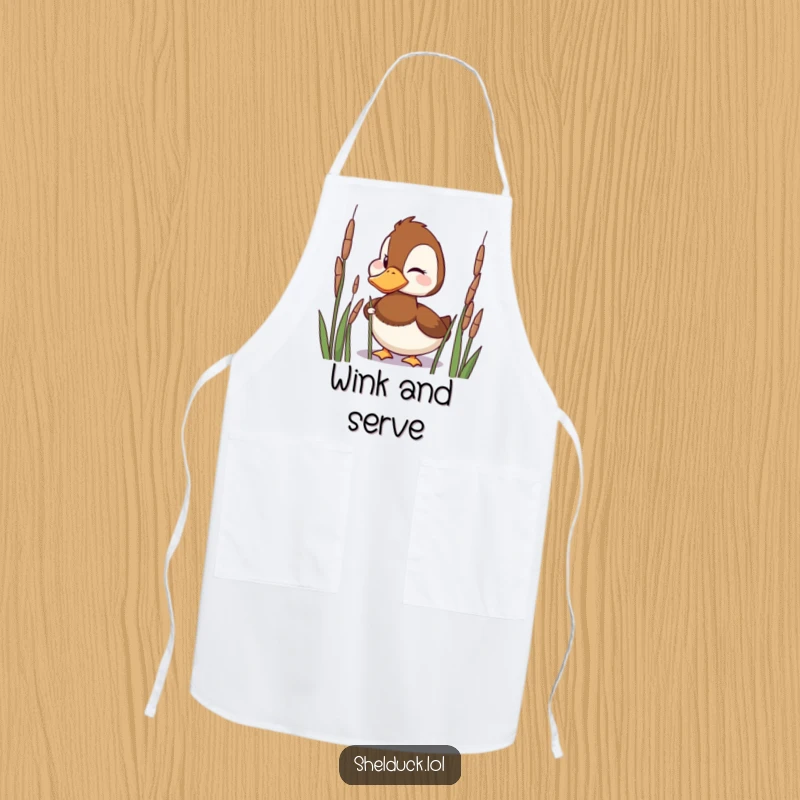 Funny Apron depicting a playful shelduck bird winking mischievously from behind reeds.