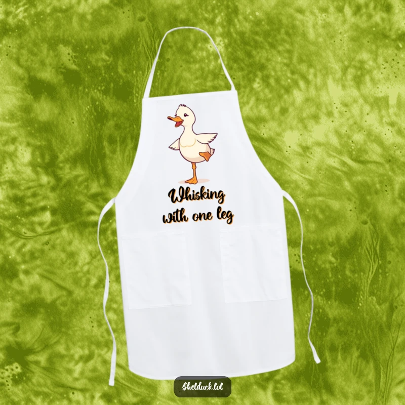 Funny shelduck apron showing a cute bird comically balancing on one leg, a humorous and practical accessory for any cook