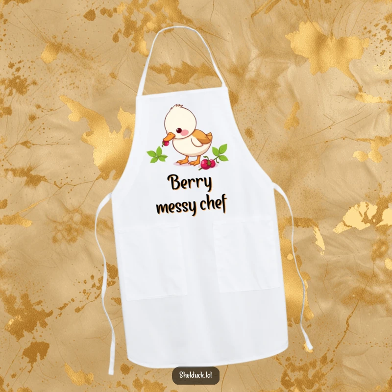 Funny shelduck apron depicting a cute duck character intently pecking at a berry, a humorous addition to any cook's attire.