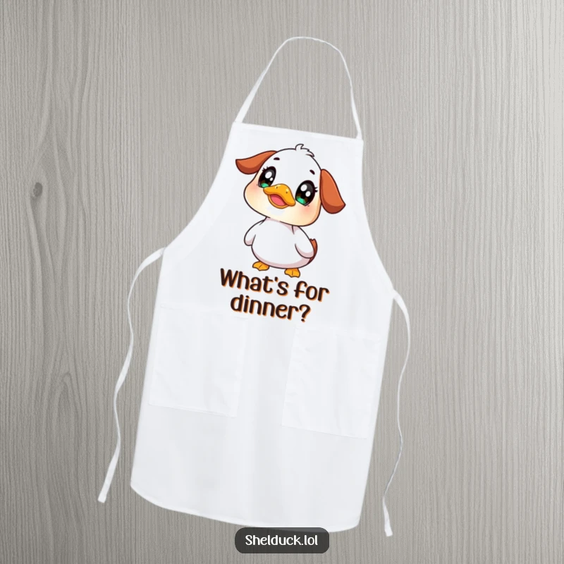Funny shelduck apron showing a cute bird looking up with wide, curious eyes, perfect for cooks and crafters who love to explore