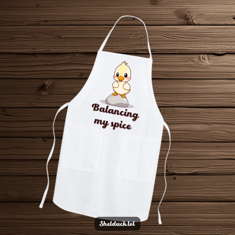 Funny Shelduck Apron: A shelduck comically attempts to balance a pebble while cooking, bringing humor to the kitchen.