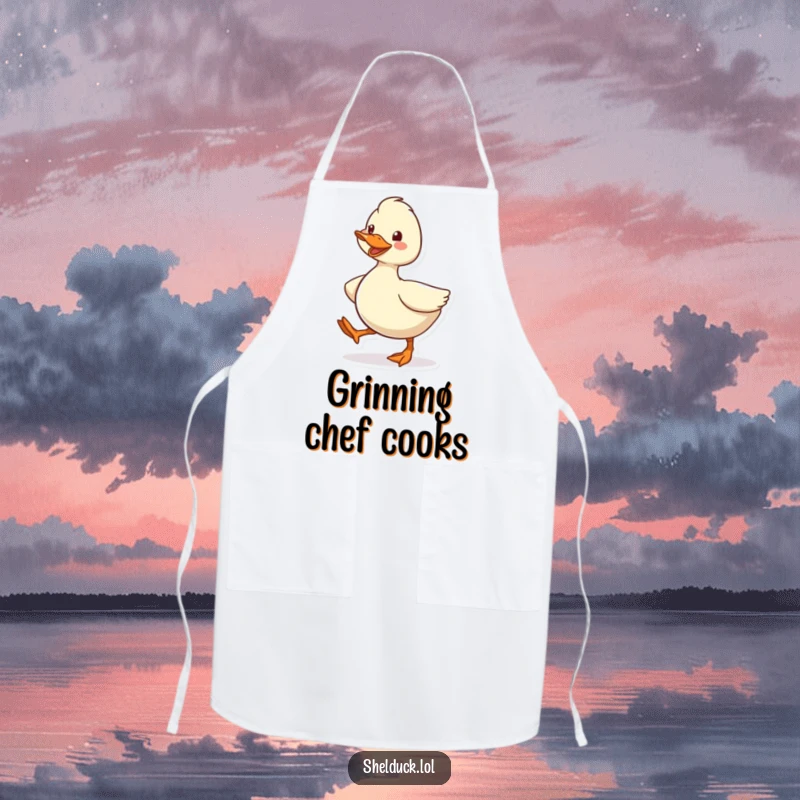 Funny Shelduck Apron, showing a cute cartoon bird character waddling energetically with a happy grin, perfect for kitchen adventures.