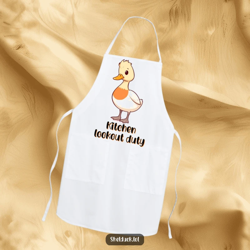 Funny shelduck apron depicting a cute duck character standing alert and looking around, a vigilant and humorous addition to kitchen wear.