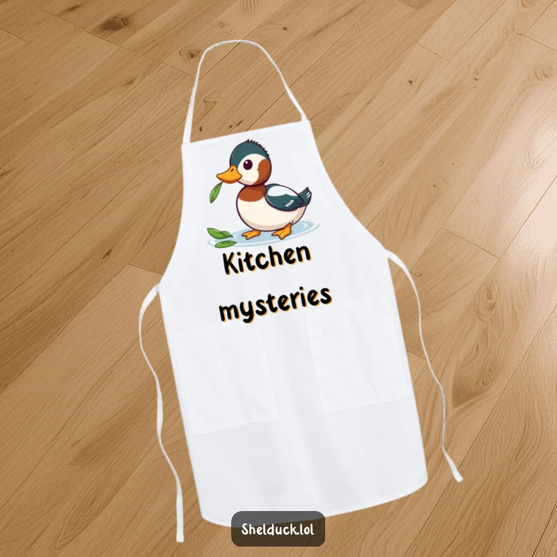 Funny Shelduck Apron showing a shelduck curiously observing a leaf, adding humor and charm to kitchen duties.