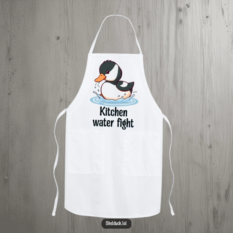 Funny apron featuring a shelduck bird playfully splashing water with its beak, adding a touch of aquatic humor to cooking.