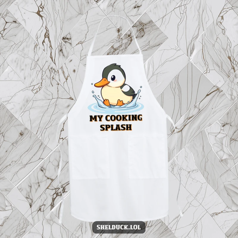Funny shelduck apron, playful bird splashing water with beak, humorous kitchen accessory, ideal gift for chefs.