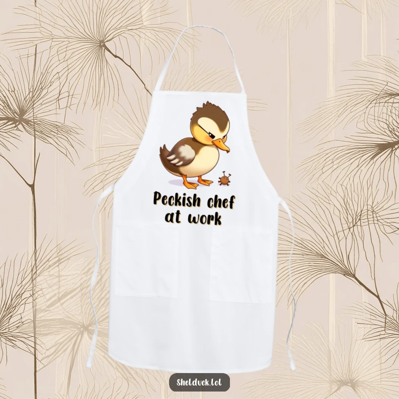 Funny Shelduck Apron featuring a duck playfully pecking at a tiny bug, a humorous kitchen accessory.
