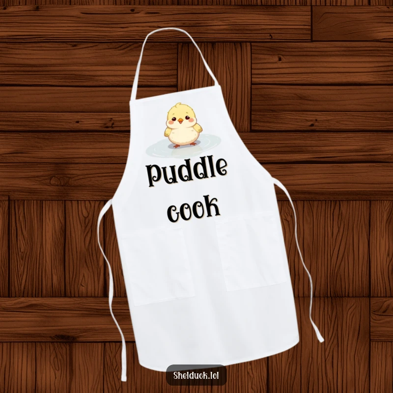 Funny small round bird apron, fluffy, happily bobbing in a shallow puddle, kitchenware, great funny gift.