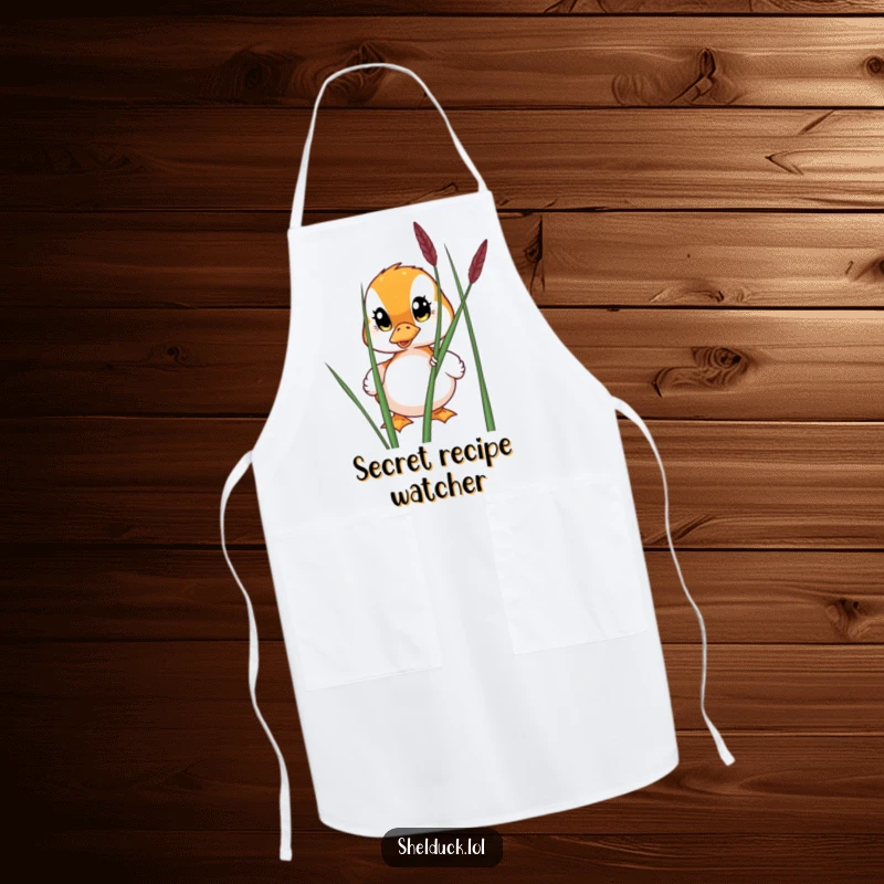Funny apron featuring a shelduck with wide eyes peeking from behind a reed, perfect for the detail-oriented chef.