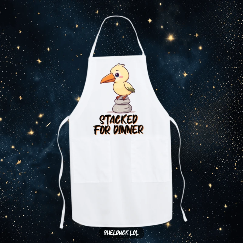 Funny apron with a stylized bird and an oversized beak humorously balancing a stack of pebbles, for a funny cooking experience.