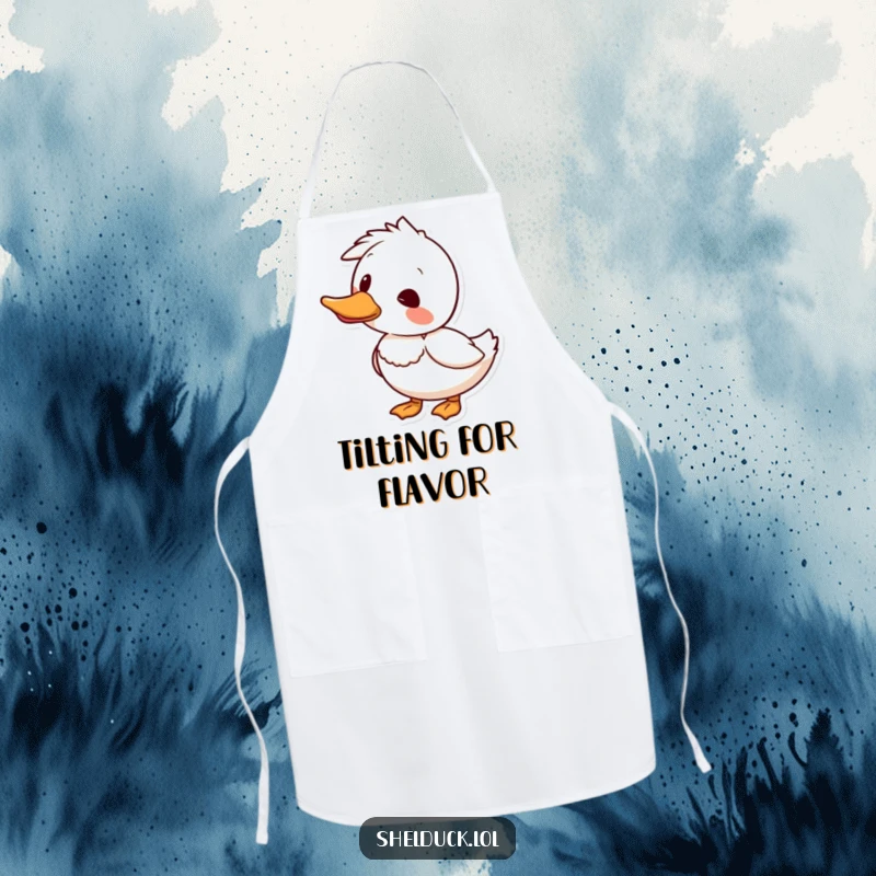 Funny shelduck apron featuring a bird humorously tilting its head, ideal for kitchen fun and curious cooks.