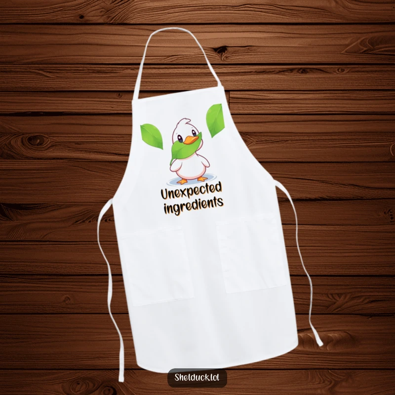Funny shelduck apron illustrating a duck surprised by a floating leaf, perfect for kitchen use and humorous cooking.