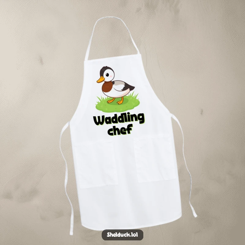 Funny Shelduck Apron: A playful bird waddles through grass, bringing funny cheer to the kitchen, ideal funny gift for chefs.