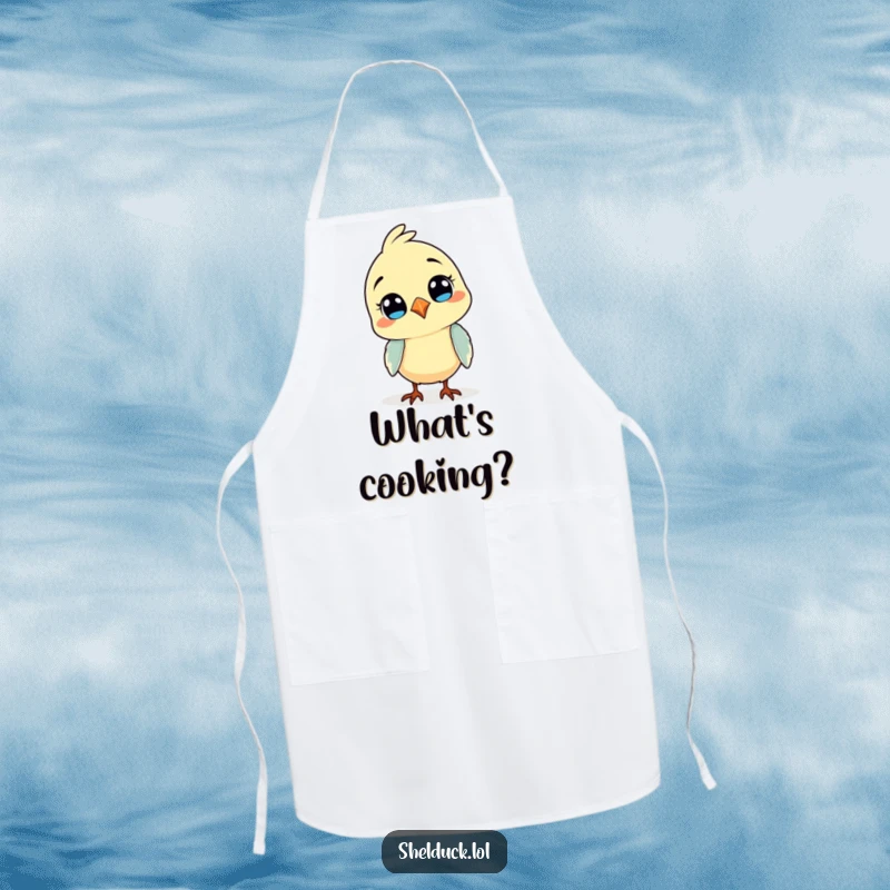 Funny apron featuring a comical bird tilting its head, perfect for chefs who enjoy a humorous and curious approach to cooking.