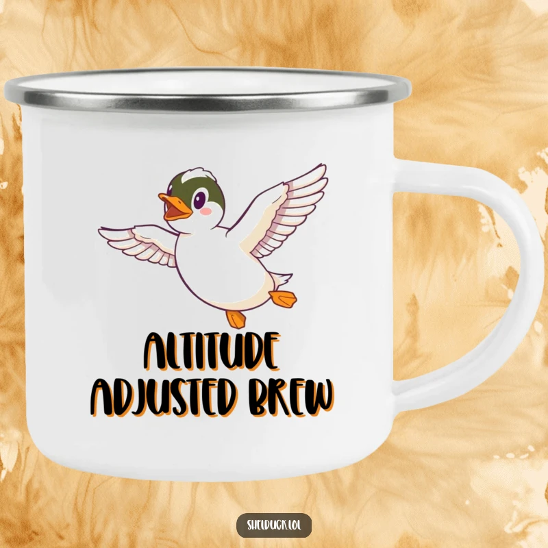 Funny Shelduck Camping Mug showing a shelduck flying with outstretched wings, ready for outdoor fun and humor enthusiasts.