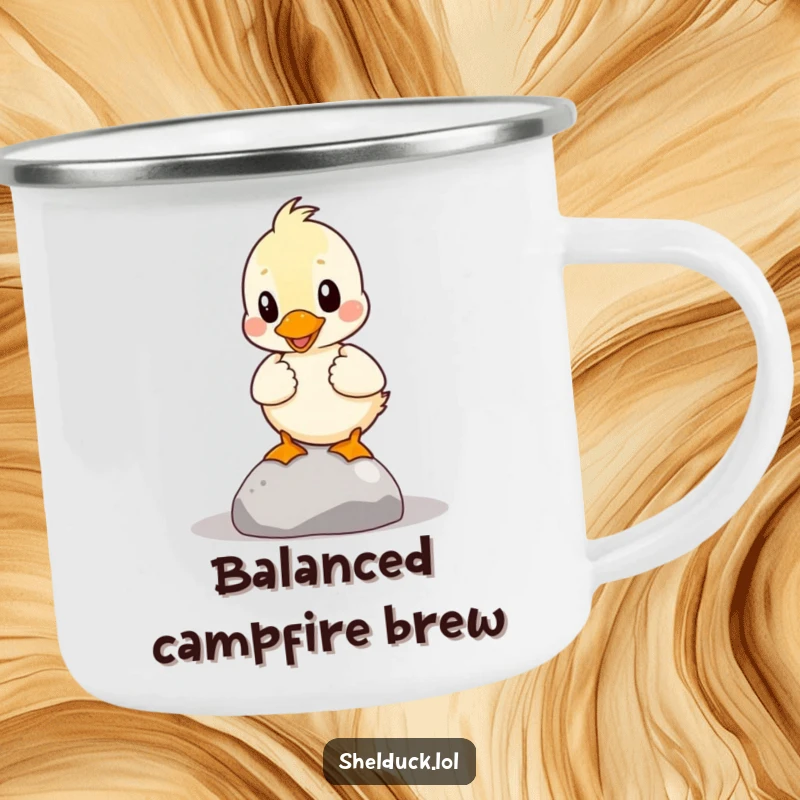 Funny Shelduck Camping Mug: A shelduck comically tries to balance a pebble, bringing humor to your campfire.