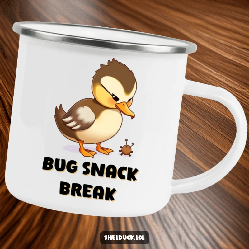 Funny Shelduck Camping Mug with a duck playfully pecking at a tiny bug.