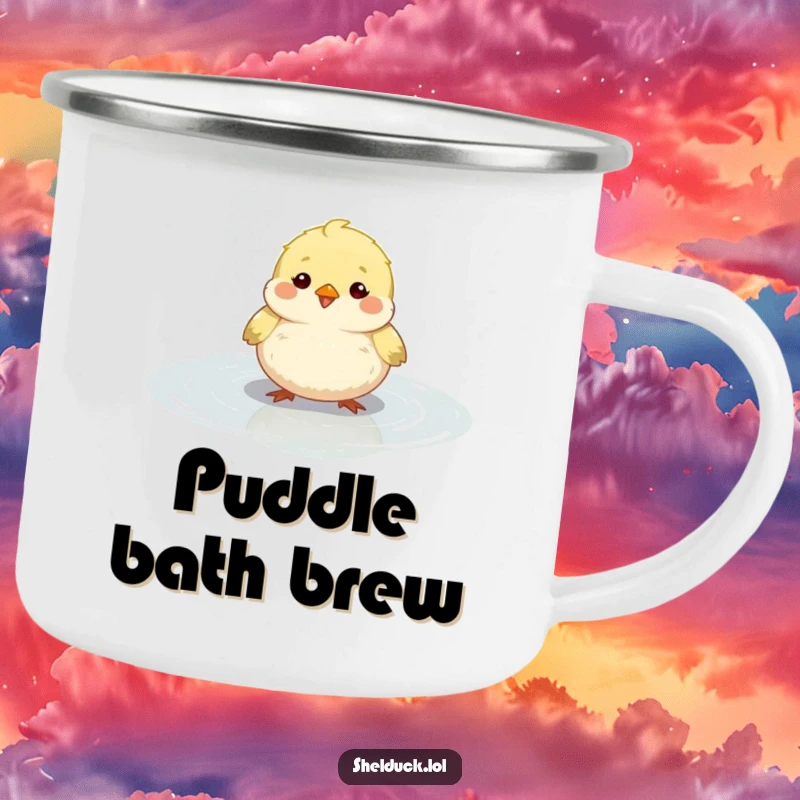Funny small round bird camping mug, fluffy, happily bobbing in a shallow puddle, rugged, outdoor funny gift.
