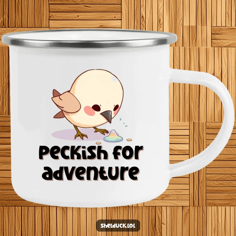 Funny bird character excitedly pecking at a shiny object, on a rugged camping mug.