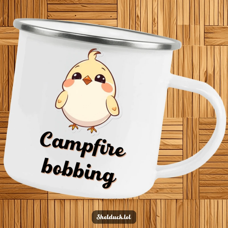 Funny camping mug featuring a small, round bird with bright eyes, enthusiastically bobbing its head for outdoor enjoyment.