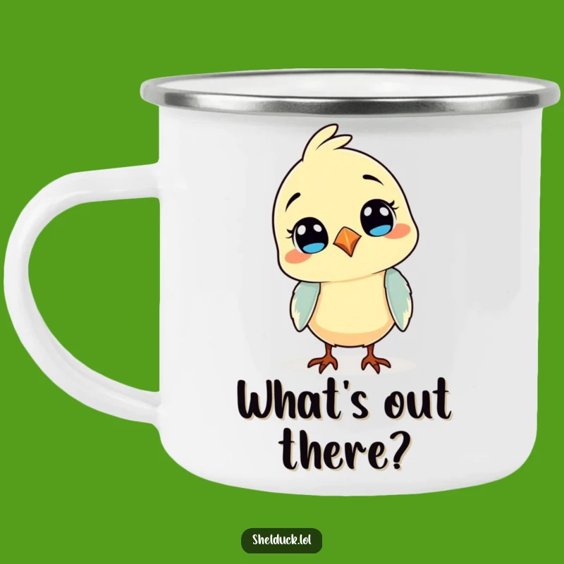 Funny Curious Bird Camping Mug - Enamel Head Tilt Cup, Adventure Funny Gift