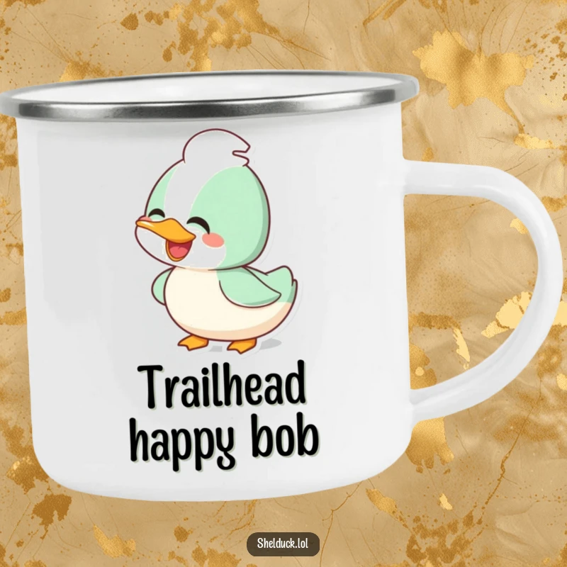 Funny joyful shelduck camping mug with a happy bird bobbing its head, ready for outdoor fun.