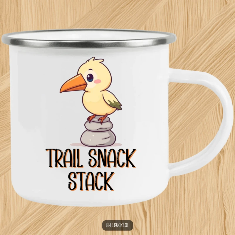 Funny camping mug showing a stylized bird with an oversized beak humorously balancing a stack of pebbles, ideal for outdoor amusement.
