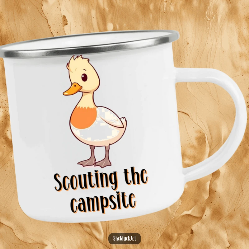 Funny shelduck camping mug with a cute duck character standing alert and looking around, for the watchful adventurer.