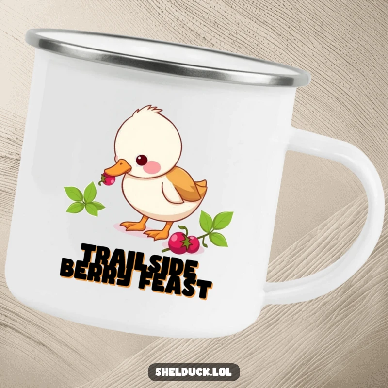 Funny shelduck camping mug with a cute duck character eagerly pecking at a berry, for the snack-loving adventurer.