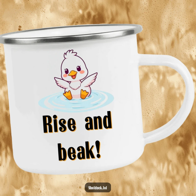 Funny Shelduck Bobbing Camping Mug featuring a happy duck rising from water, a humorous and durable drinkware.