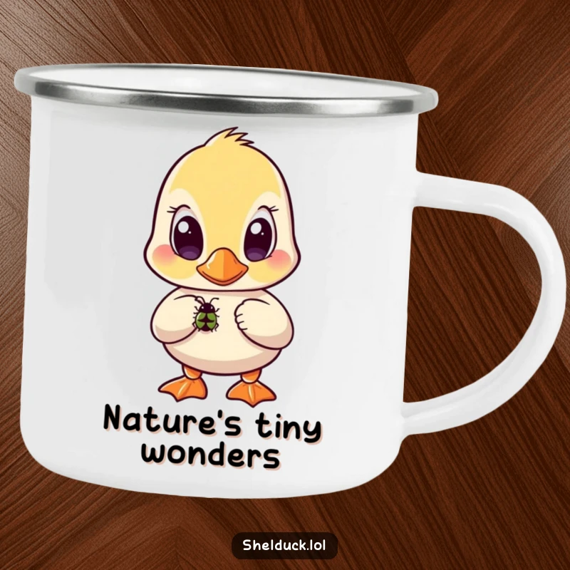 Funny shelduck camping mug featuring a bird with wide, curious eyes intently watching a small bug.