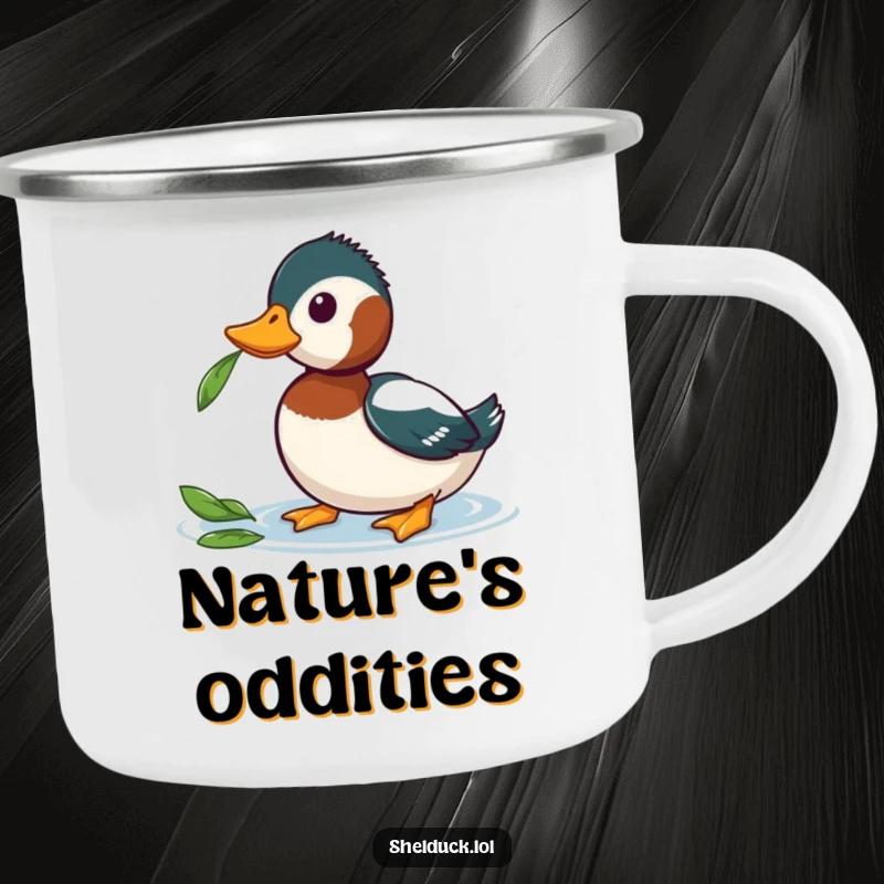 Funny Shelduck Camping Mug featuring a shelduck curiously tilting its head at a leaf, perfect for outdoor contemplation and humor.