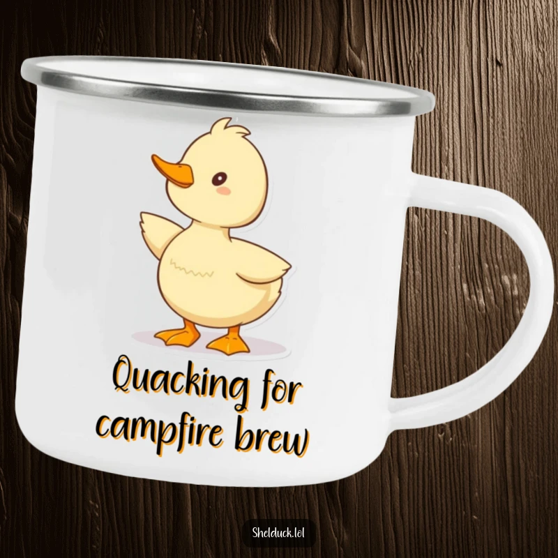 Funny Shelduck Camping Mug featuring a cute duck character in a happy quacking pose, durable for outdoor cheer.