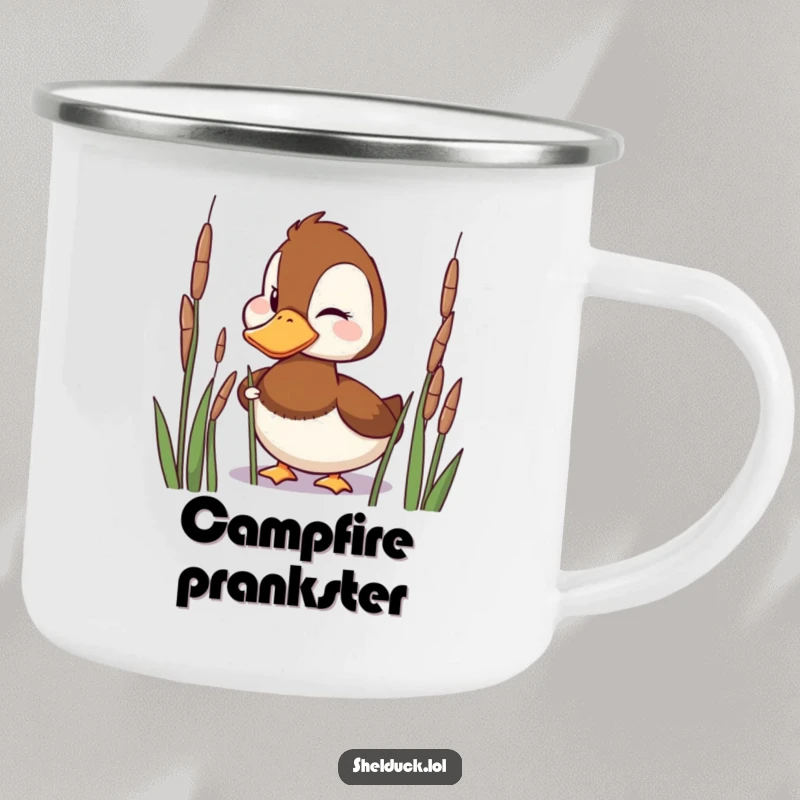 Funny Camping Mug featuring a playful shelduck bird winking mischievously from behind reeds.