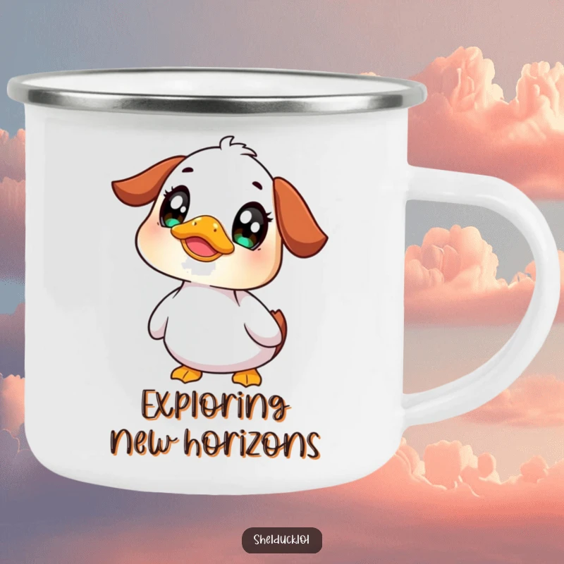 Funny shelduck camping mug featuring a cute bird looking up with wide, curious eyes, perfect for enjoying drinks during outdoor explorations