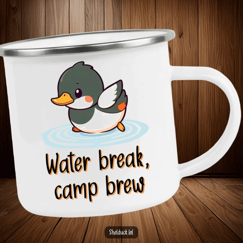 Funny shelduck camping mug featuring a small bird playfully diving into water, ready for outdoor fun.