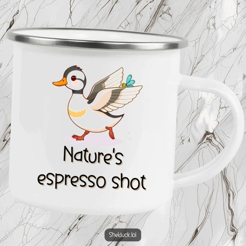 Funny shelduck camping mug, humorously pursuing a dragonfly in a rustic outdoor setting, perfect for adventurous spirits.