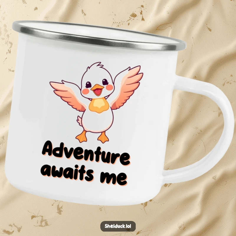 Funny shelduck camping mug depicting a shelduck bird joyfully taking flight with wings spread wide, ready for the trail.
