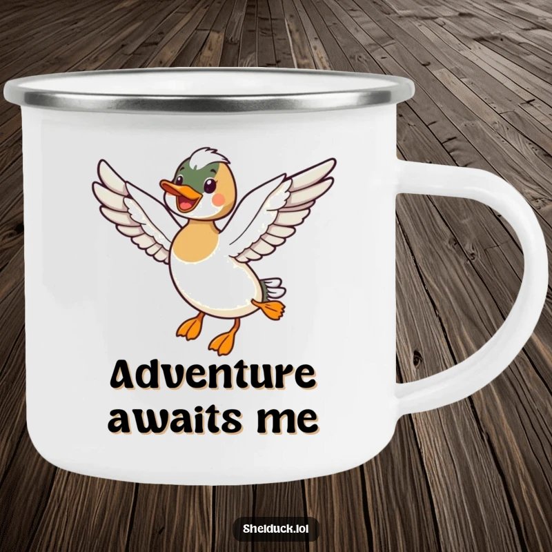 Funny camping mug featuring a shelduck bird flying with wings outstretched, perfect for outdoor enthusiasts who love freedom.