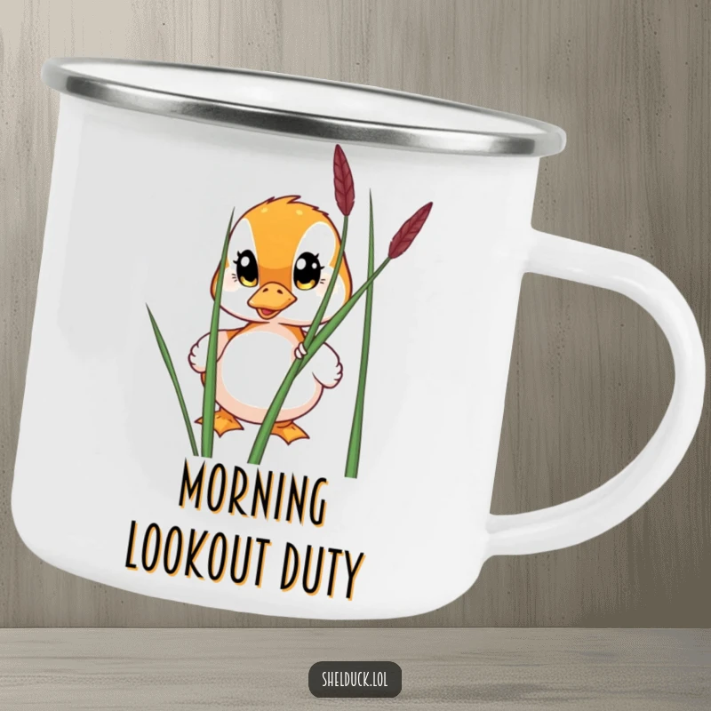 Funny camping mug featuring a shelduck with wide eyes peeking from behind a reed, perfect for curious outdoor enthusiasts.