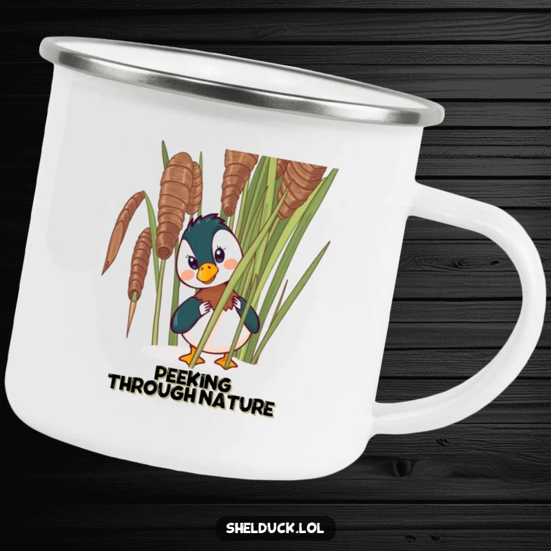 Funny shelduck camping mug depicting a comical bird peeking from behind a reed, ideal for enjoying drinks during outdoor adventures.